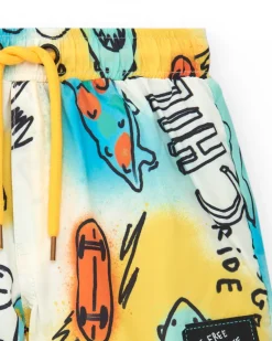 Bermuda de bain bleue pour garçon avec trottinettes et phrase "Be Free Skate"
