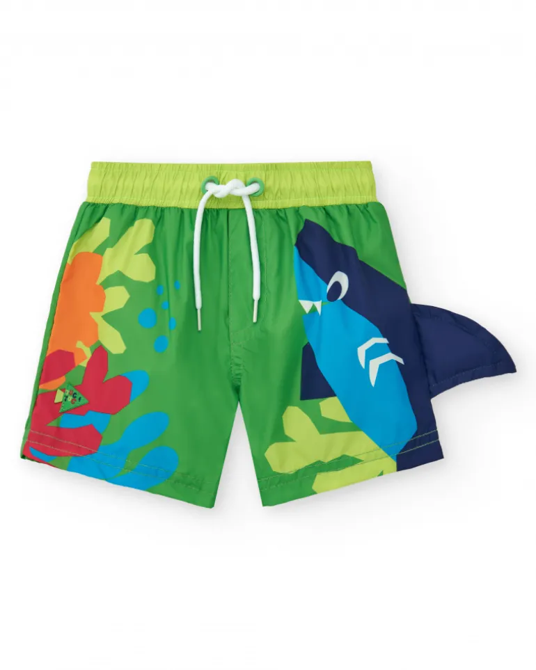 Bermuda de bain verte pour garçon avec requin et nageoire