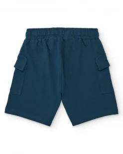Bermuda tipo cargo para niño en azul petróleo con cordón naranja