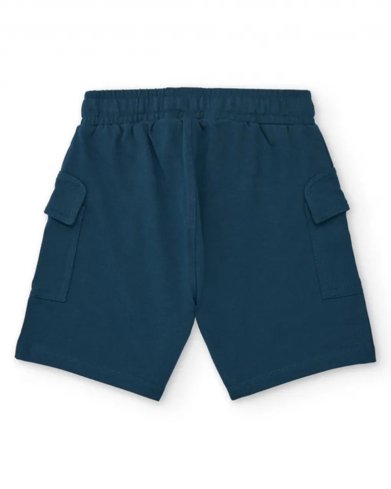 Bermuda tipo cargo para niño en azul petróleo con cordón naranja