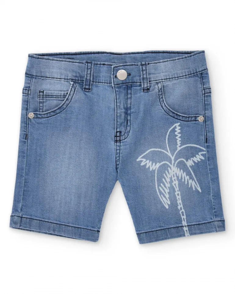 Bermuda vaquera para niño en azul con estampado de palmera