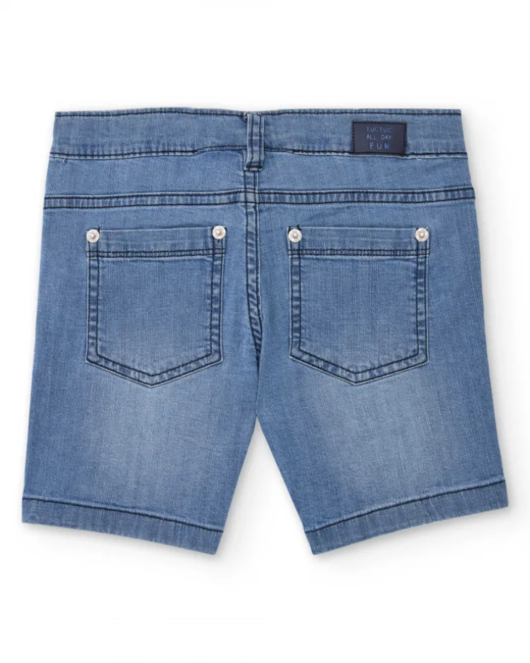 Bermuda vaquera para niño en azul con estampado de palmera