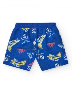 Bermudas pour garçon en bleu avec taille élastique et imprimé skate.