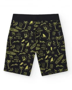 Bermudas pour garçon en noir avec taille élastique et imprimé.
