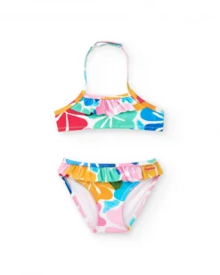Bikini bleu pour fille avec imprimé floral et volants