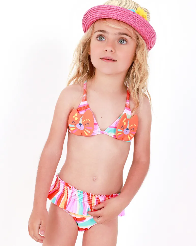 Bikini orange pour fille avec visage de chat et bretelles ajustables