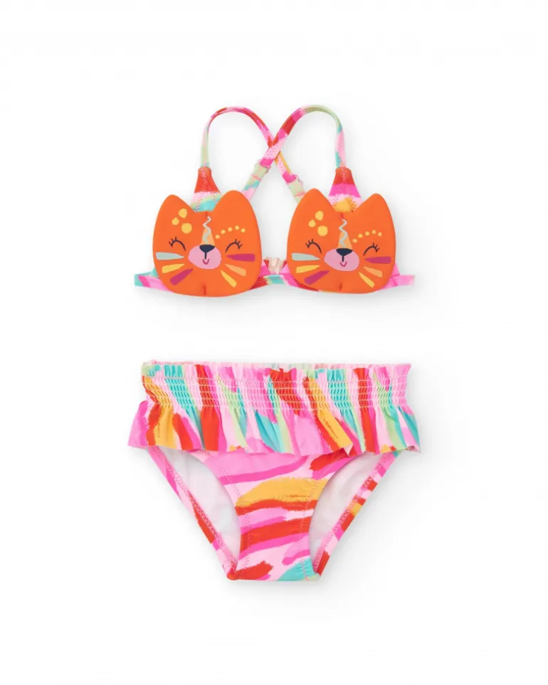 Bikini orange pour fille avec visage de chat et bretelles ajustables