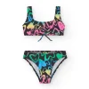 Bikini pour fille en noir avec cœurs imprimés et nœud décoratif.