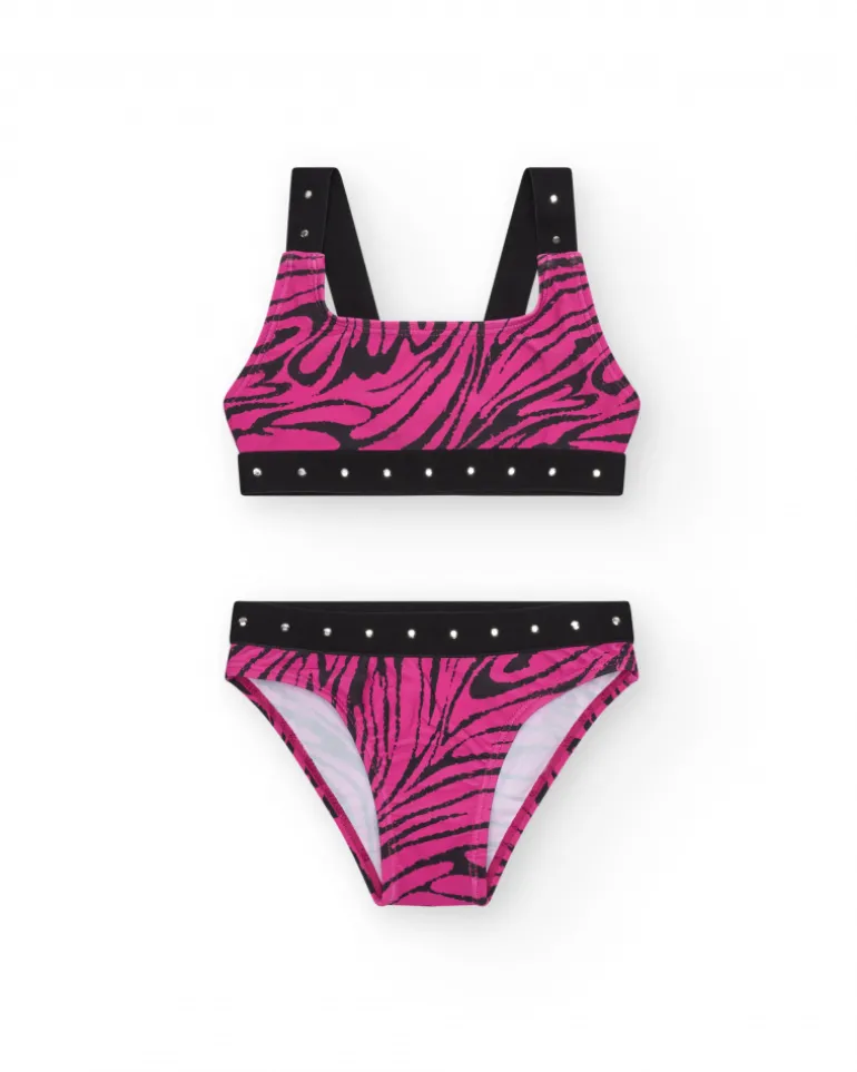 Bikini pour fille en rose avec imprimé animal et clous métalliques.