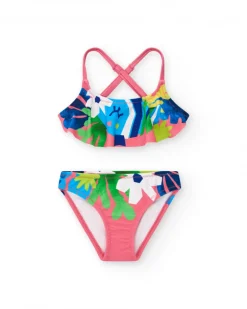 Bikini rose pour fille avec imprimé tropical et volants