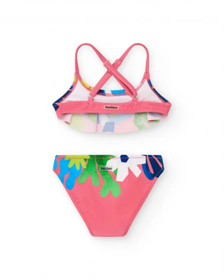 Bikini rose pour fille avec imprimé tropical et volants