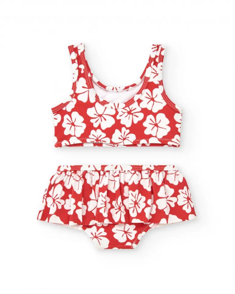 Bikini rouge pour fille avec imprimé floral et volant
