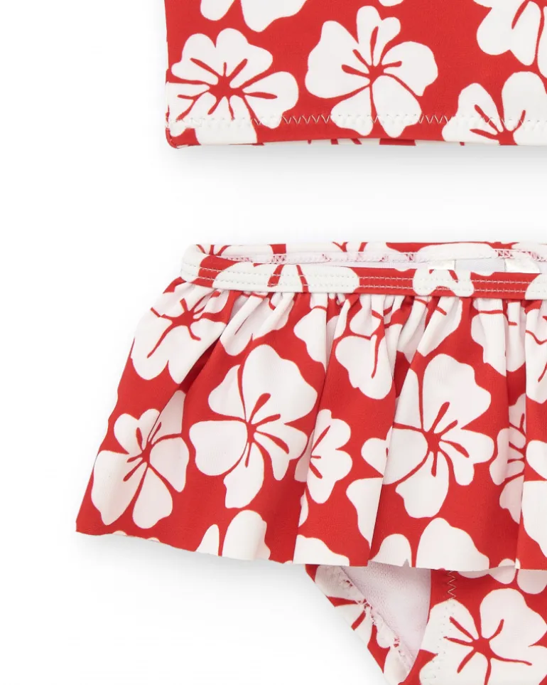 Bikini rouge pour fille avec imprimé floral et volant