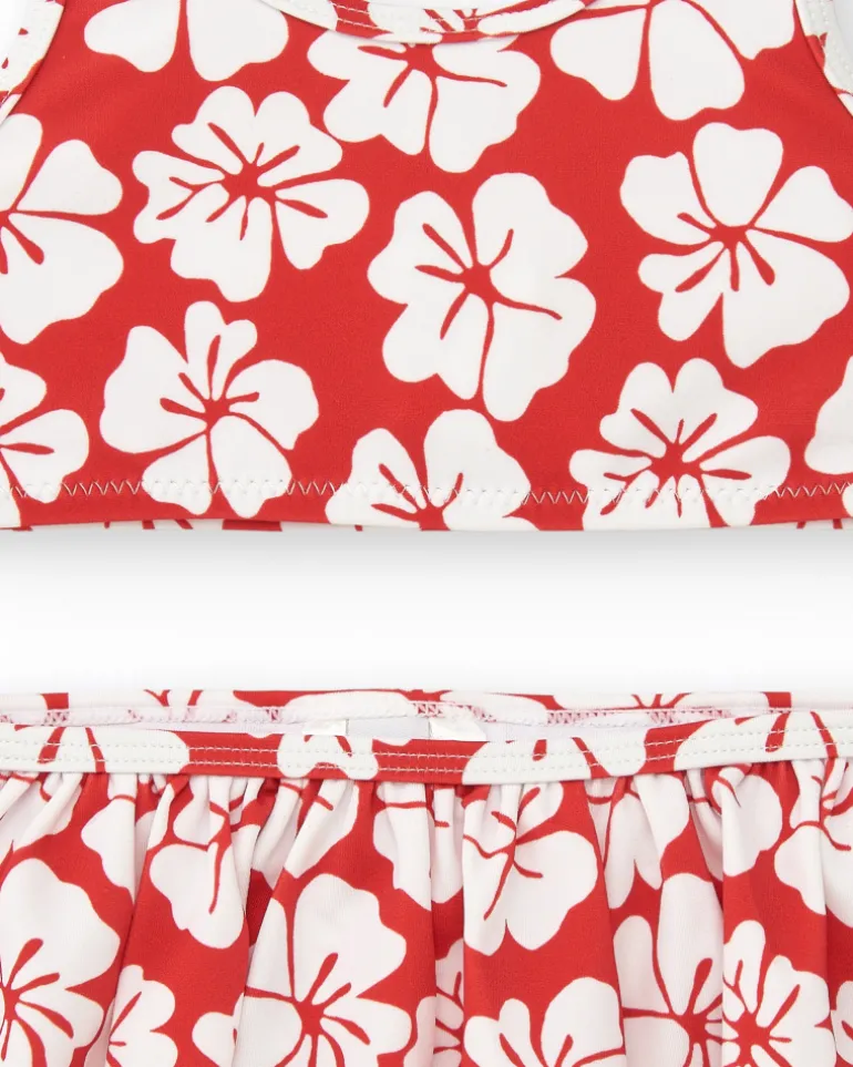 Bikini rouge pour fille avec imprimé floral et volant