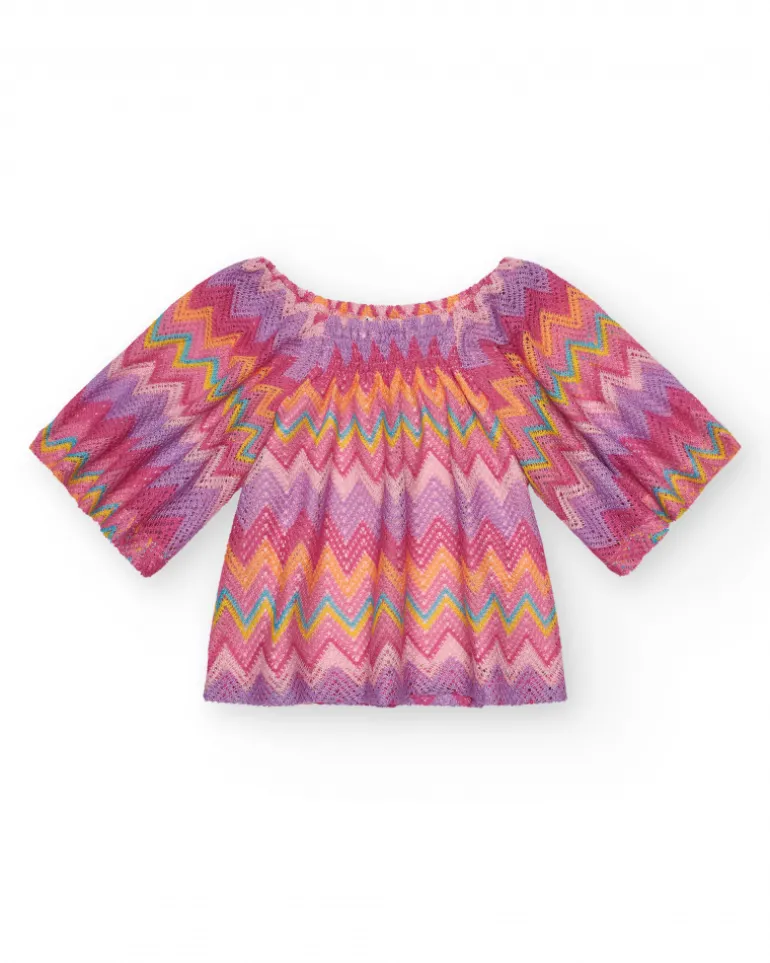 Blouse pour fille multicolore imprimée avec manches trois-quarts.