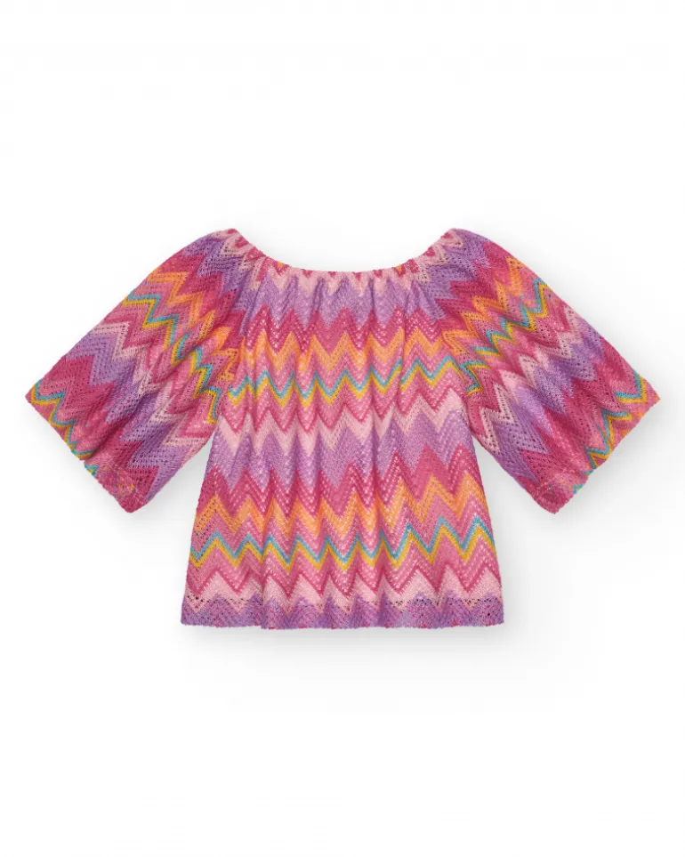Blouse pour fille multicolore imprimée avec manches trois-quarts.