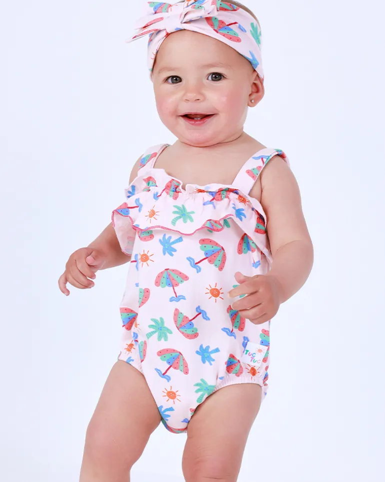 Body rose pour fille avec imprimé de parapluies, palmiers et soleils