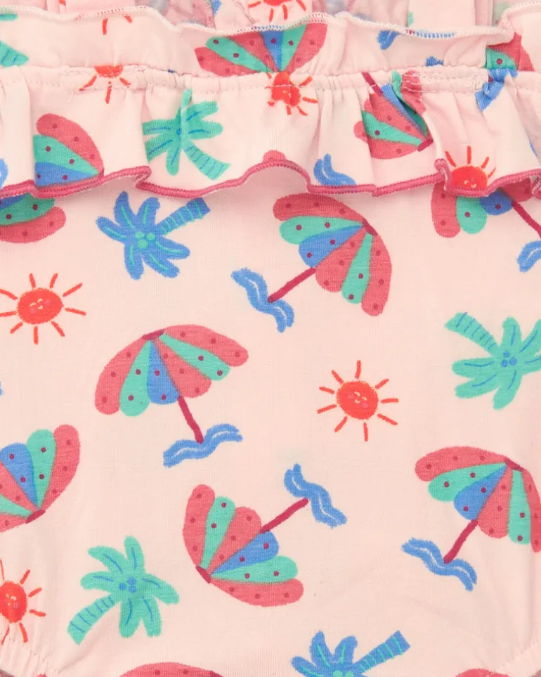 Body rose pour fille avec imprimé de parapluies, palmiers et soleils