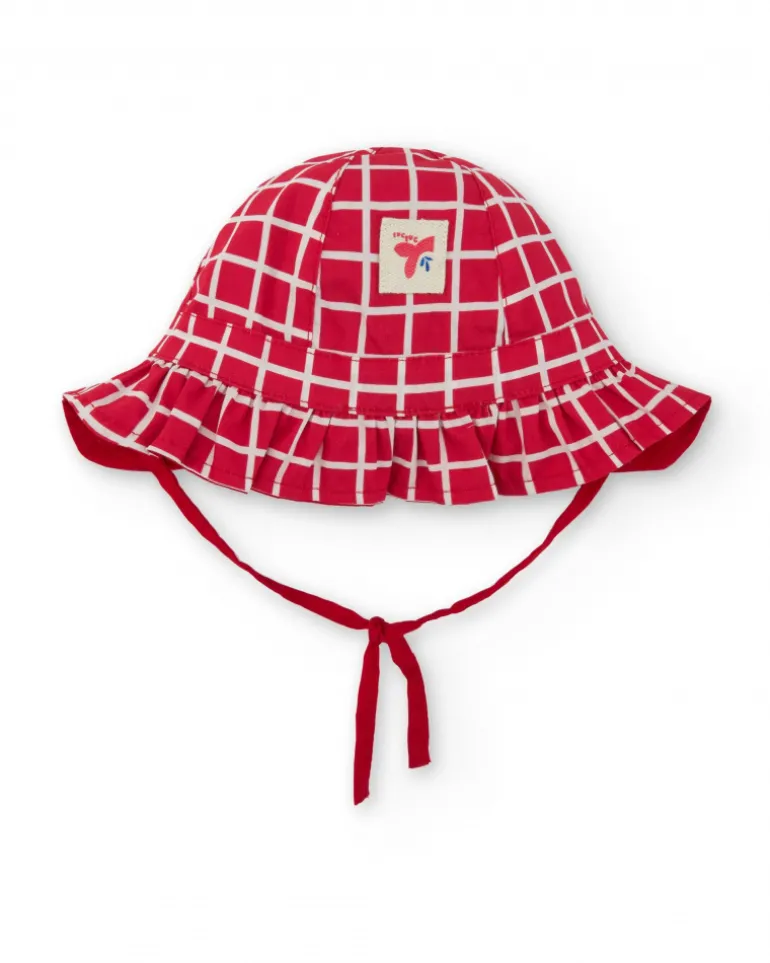 Bonnet en tricot rouge pour fille avec carreaux blancs et visage brodé