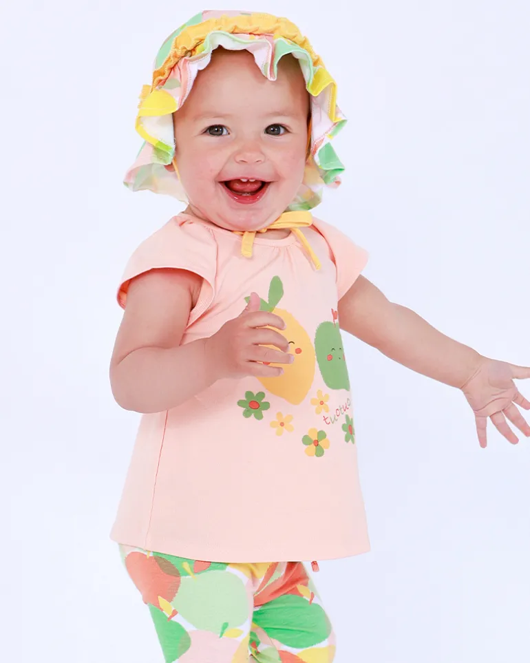 Bonnet multicolore pour fille avec fruits et volants jaunes