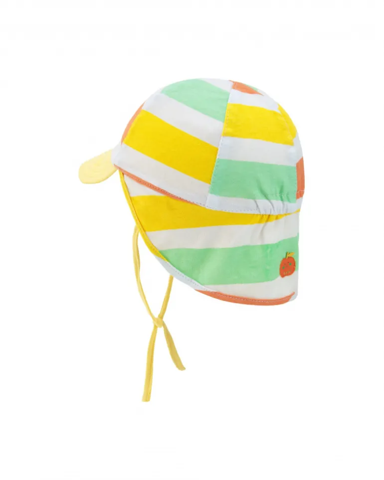 Bonnet rayé pour garçon en jaune, orange, vert et blanc avec visière et cordons de réglage