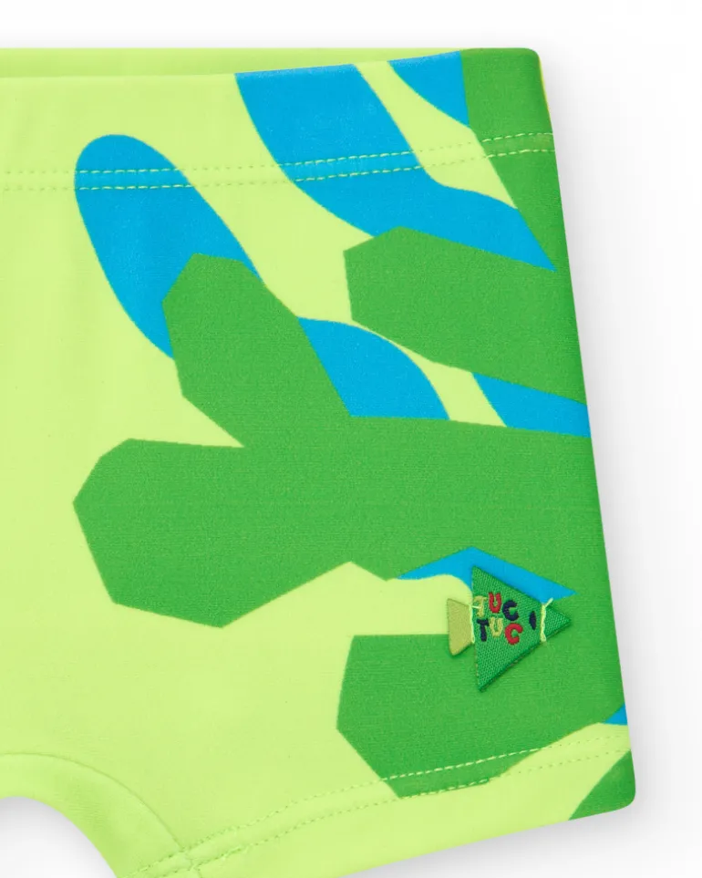 Boxer de bain vert pour garçon avec poissons rouges et bleus