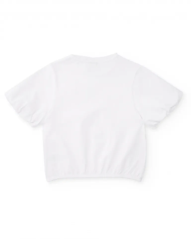 Camiseta de manga corta para niña en blanco con aplique floral