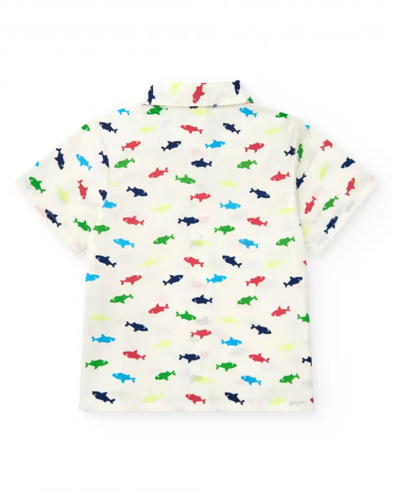 Chemise blanche pour garçon avec requins multicolores