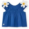 Chemise bleue pour fille avec fleurs et fronces