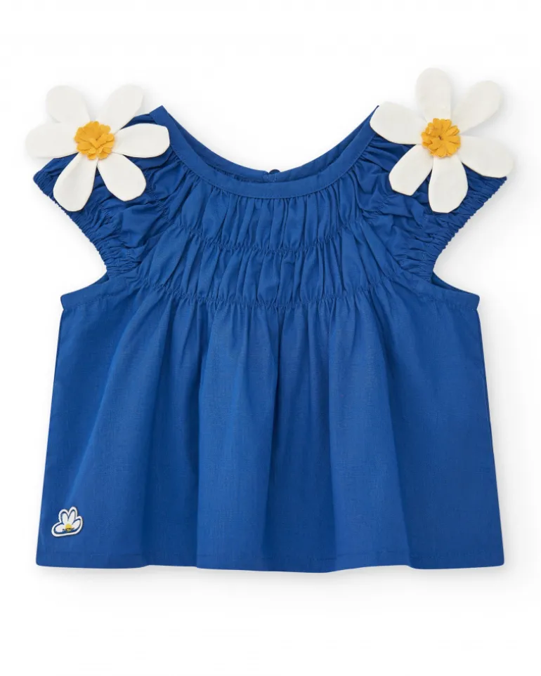 Chemise bleue pour fille avec fleurs et fronces