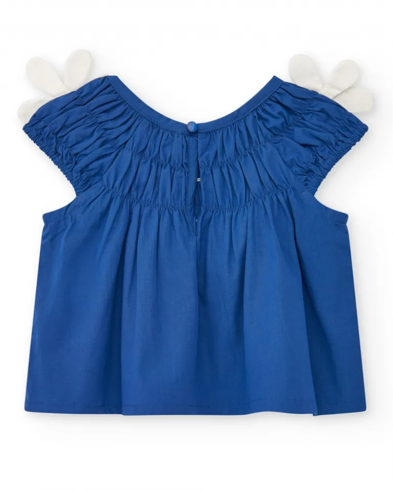 Chemise bleue pour fille avec fleurs et fronces