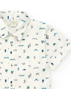Chemise en toile blanche pour garçon avec imprimé tropical bleu et vert