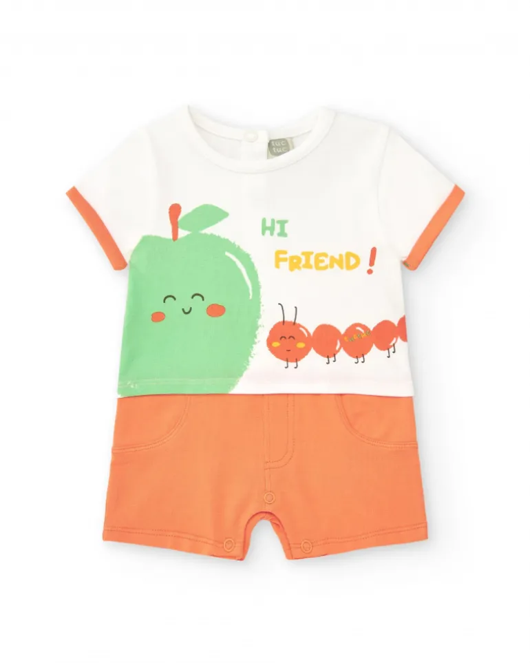 Combinaison en tricot pour garçon blanche et orange avec imprimé de pomme et message "Hi Friend!"