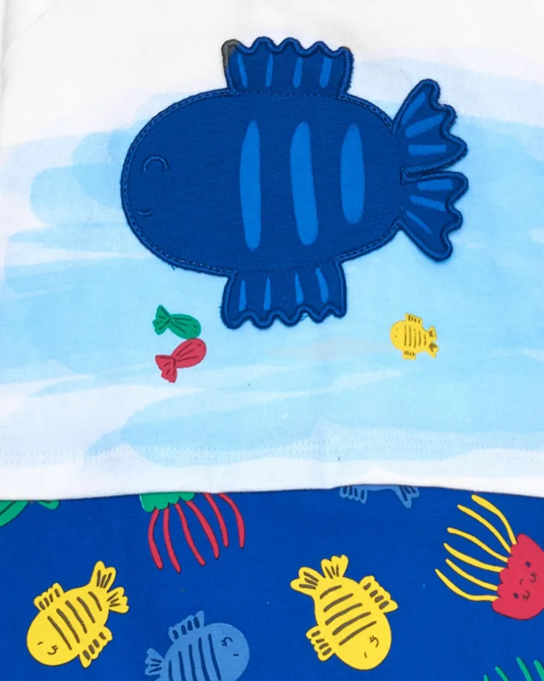 Combinaison en tricot pour garçon couleur bleue avec imprimé de poissons