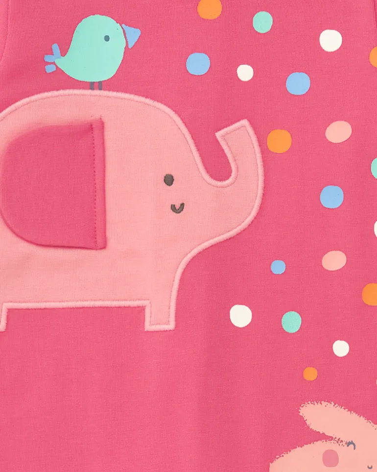 Combinaison fuchsia pour fille avec imprimé d'éléphant, palmier et pois