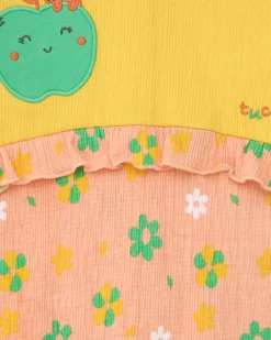 Combinaison jaune pour fille avec pomme brodée et partie rose à imprimé floral