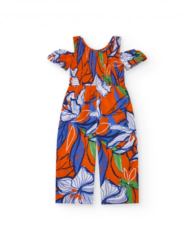 Combinaison longue pour fille en orange avec épaules dénudées.