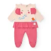 Combinaison rose et crème pour fille avec éléphant en relief et volant à la taille