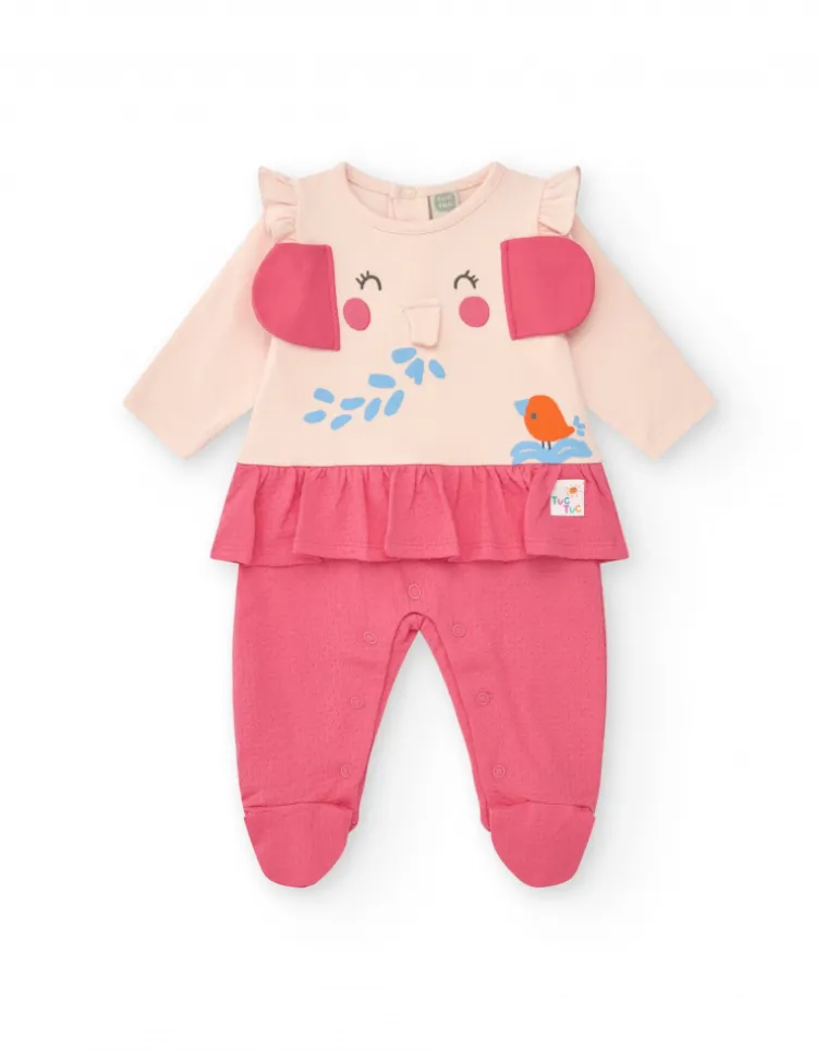 Combinaison rose et crème pour fille avec éléphant en relief et volant à la taille