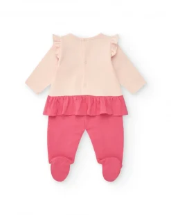 Combinaison rose et crème pour fille avec éléphant en relief et volant à la taille