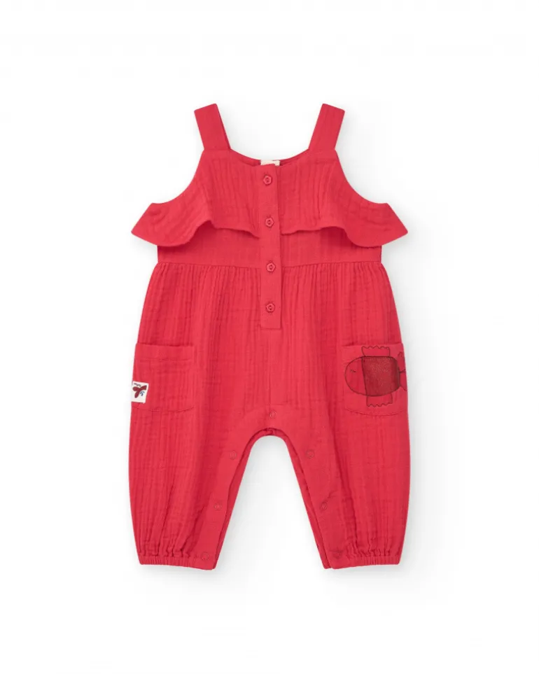 Combinaison rouge pour fille avec volants et poches avec applique de poisson