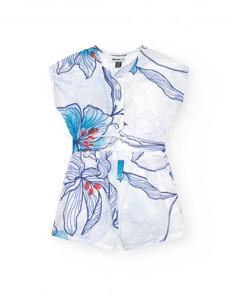 Combishort pour fille en blanc avec taille élastique et imprimé floral.
