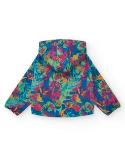 Coupe-vent pour fille avec imprimé tropical, capuche et fermeture éclair.