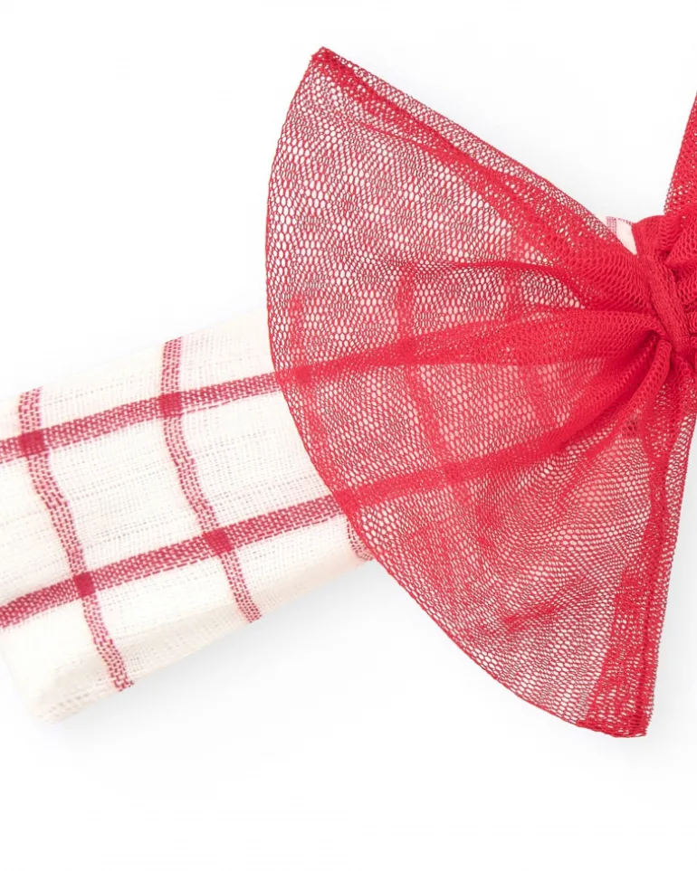 Diadème en tricot pour fille avec carreaux rouges et blancs et nœud en tulle