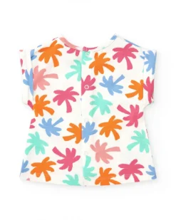 Ensemble blanc et corail pour fille avec t-shirt de feuilles tropicales et shorts froncés