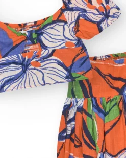 Ensemble chemise courte et jupe pour fille en orange et bleu avec imprimé floral