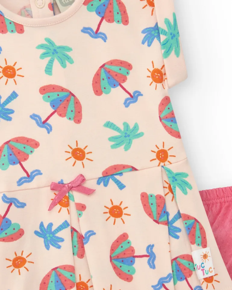 Ensemble crème pour fille avec robe de parasols et culotte rose