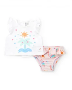 Ensemble de bain pour fille avec t-shirt blanc de palmier et culotte rose à volants