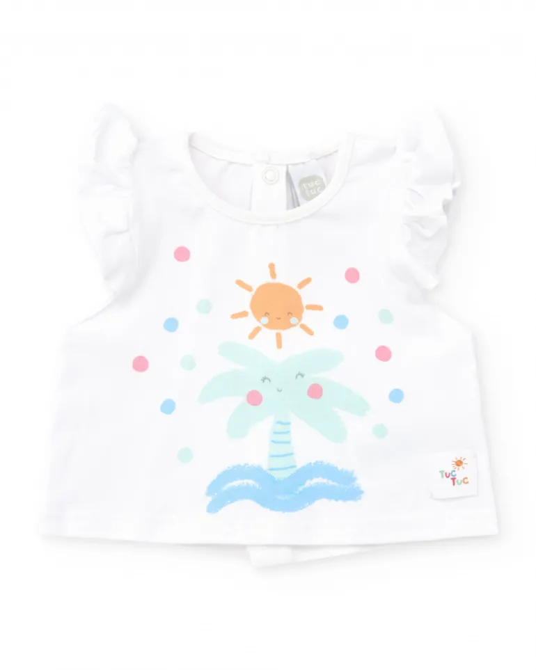 Ensemble de bain pour fille avec t-shirt blanc de palmier et culotte rose à volants