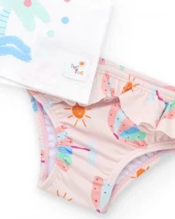 Ensemble de bain pour fille avec t-shirt blanc de palmier et culotte rose à volants